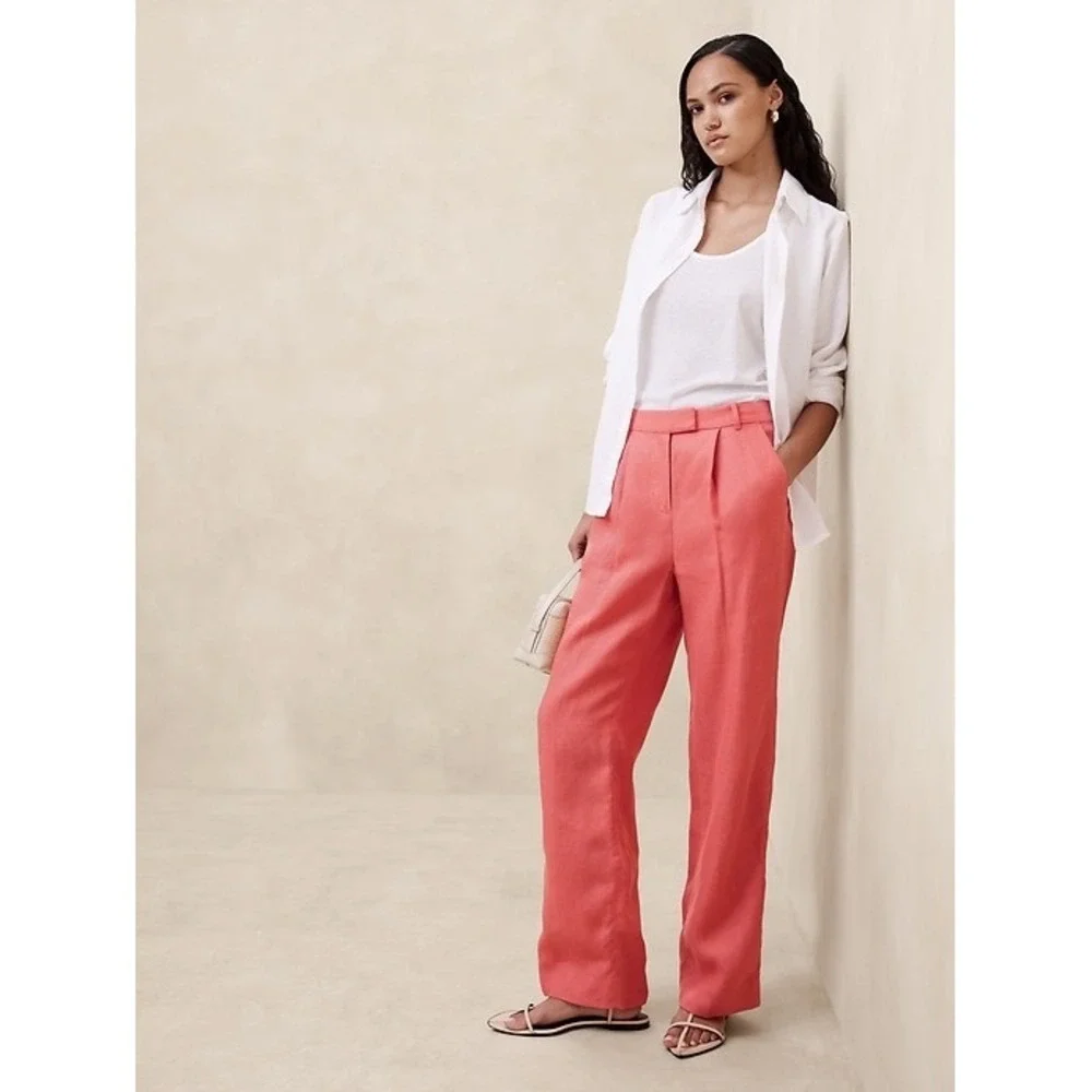 Banana Republic Lina Straight Linen Pant Coral High Rise Relaxed 6 882876-04